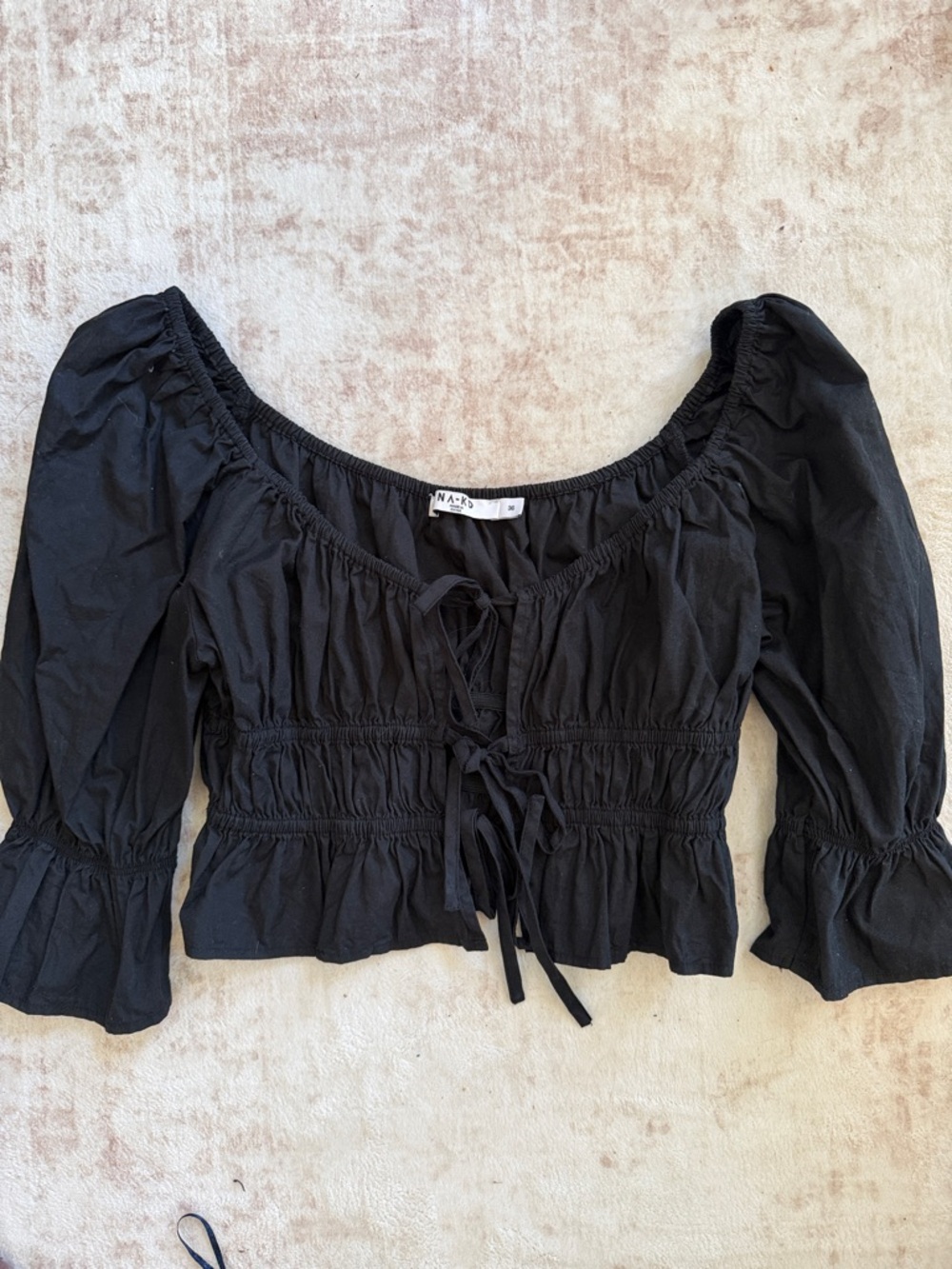 Black Smocked Tie-Front Peasant Blouse